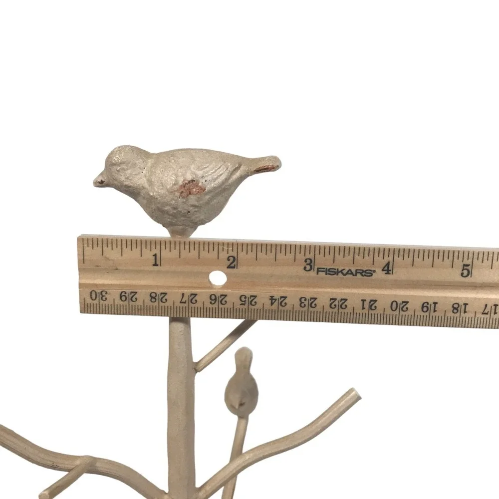 Vintage Metal Bird Jewelry Tree Stand Distressed Cream Farmhouse Decor 12.5in